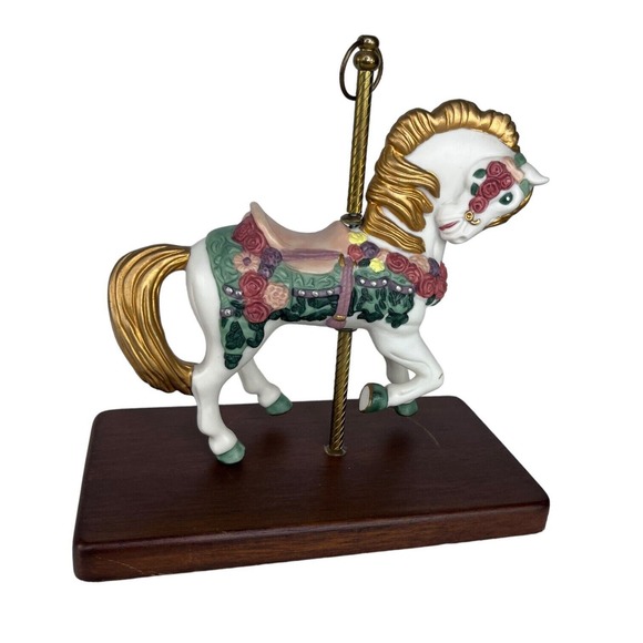 Paul Sebastian Ceramic White Carousel Horse Flowers Golden Mane & Tail Wood Base - Picture 7 of 10